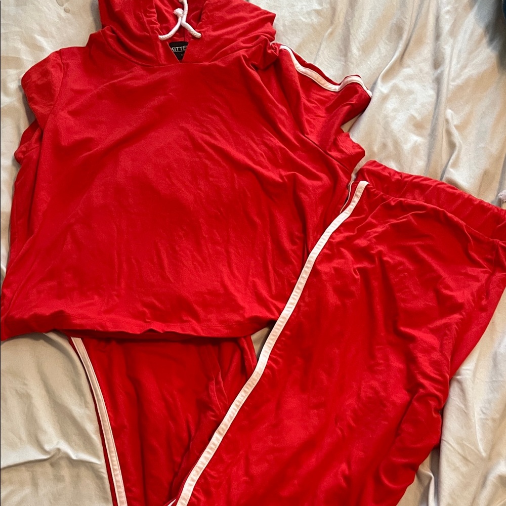 Kittenish Red Hooded Tracksuit with White Stripes